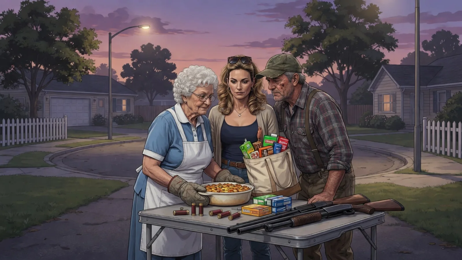 Pearl, Brenda and Hank organize neighborhood supplies and weapons on a Fairview street